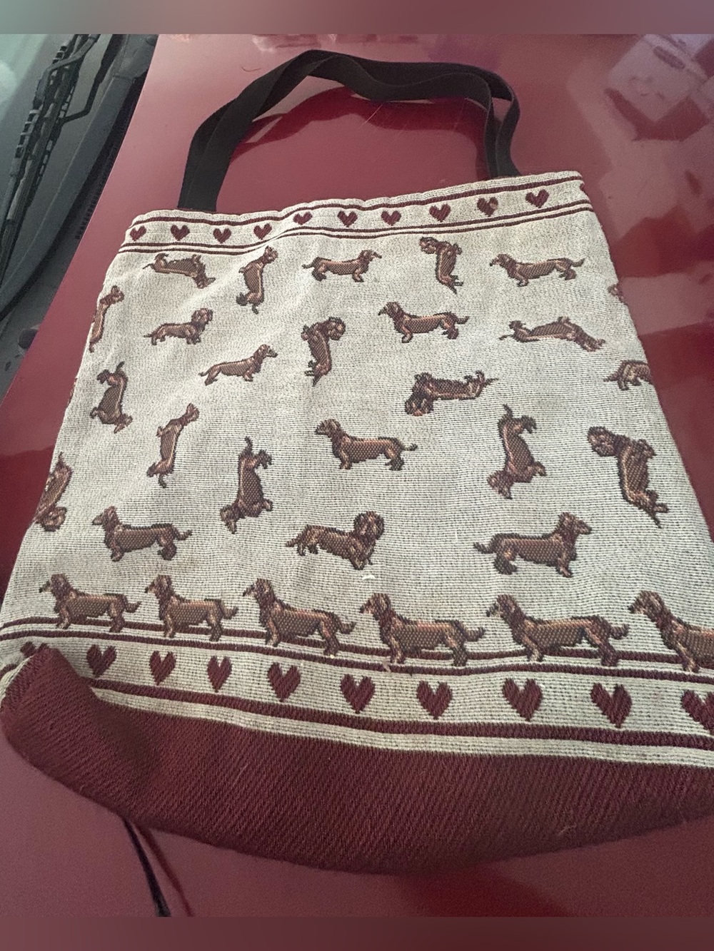 Dachshund Pattern Canvas Tote Bag in Cream and Brown